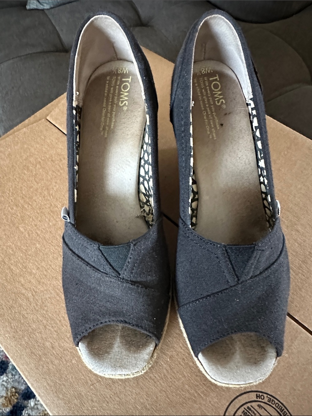 TOMS Black Canvas Peep-Toe Wedge Heels